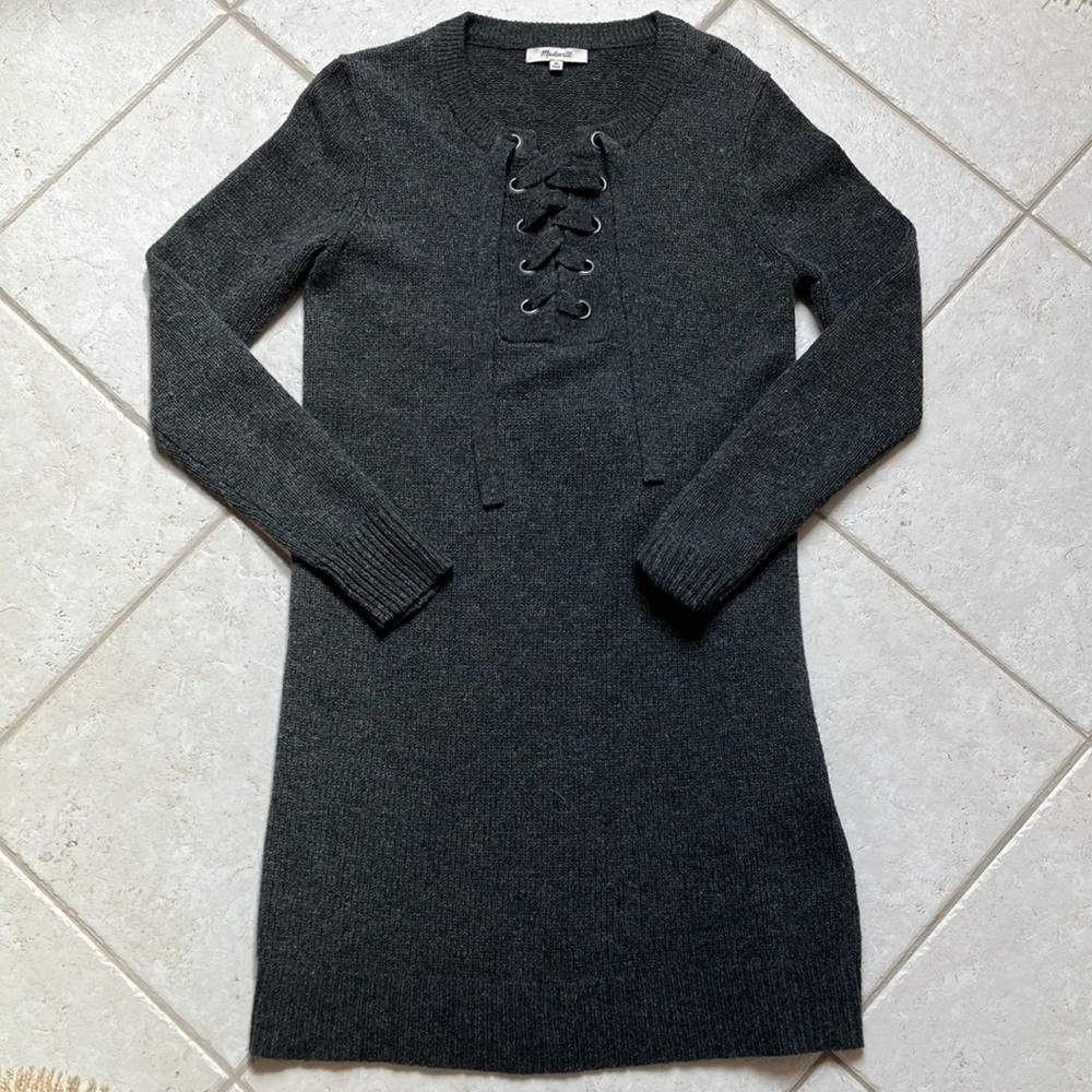 Dark gray Madewell sweater dress with lace up detail